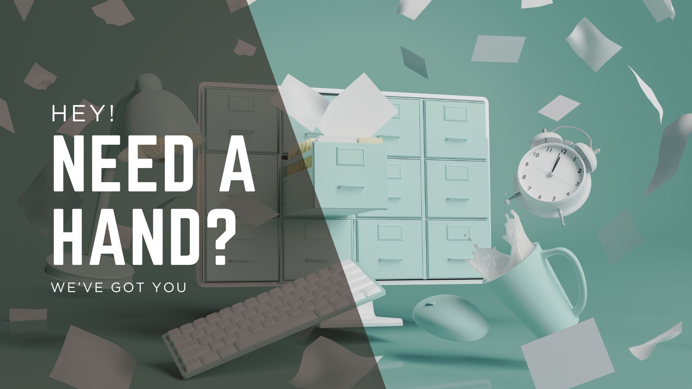 Image from stock shows a messy filing system and desktop used for a banner for contacting PLAced by COmpound additives