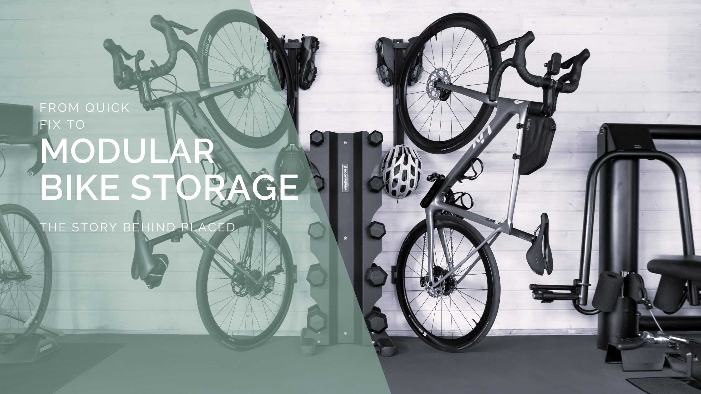 Blog header: Picture hows two bikes stored upright at an angle using PLAced verticale system. Text overlay reads: FRom Quick Fix To Modular Bike Storage: The story behinf PLAced