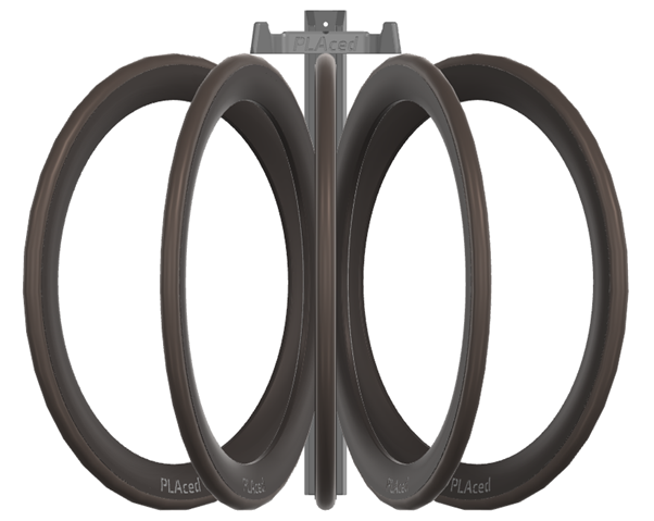 Front view of multiple bikes mounted using different clip angles, showing how handlebar distance from the wall varies